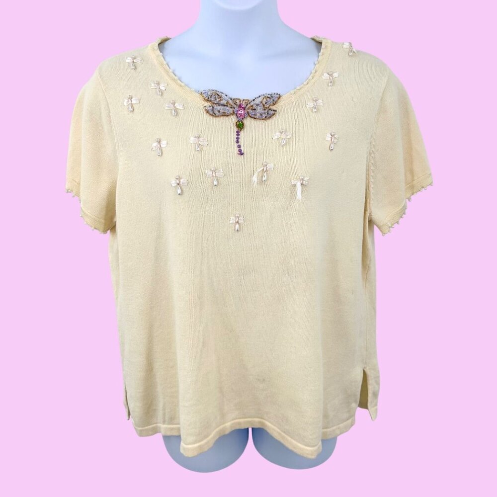 STORYBOOK KNITS IVORY SHORT SLV DRAGONFLY BEADED SHORT SLEEVE SWEATER - 2X